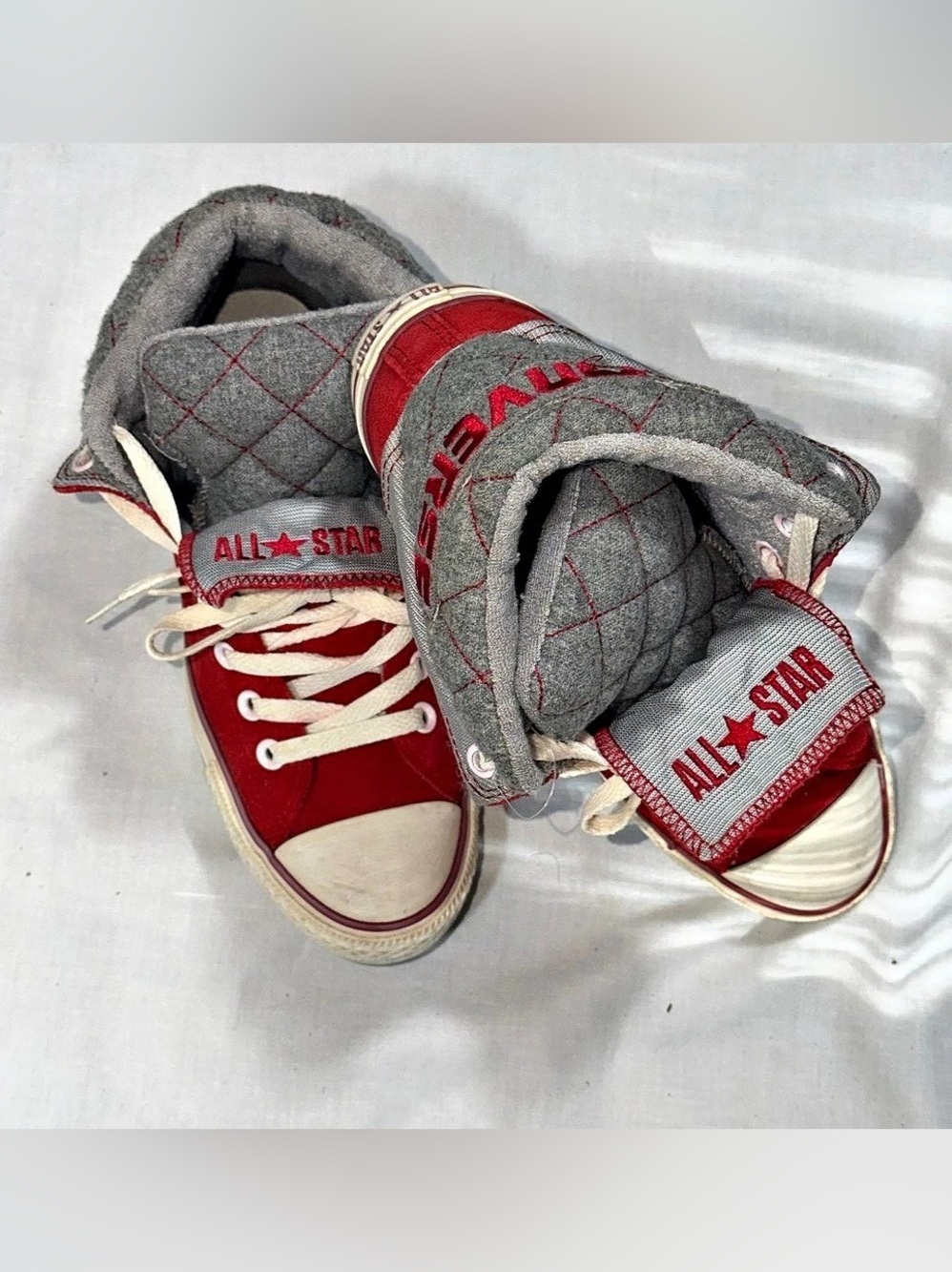 Converse All Star Red Gray Leather Fold Over Quilted Sneakers Men 7 Women 9